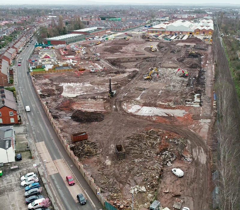 Ariel view of remediation strategy showcasing complex temporary works to manage the demolition of the 13m-high boundry wall.