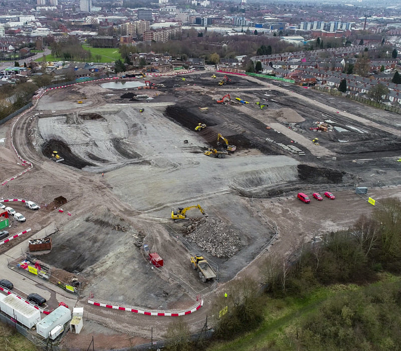 Ariel view of full brownfield site in Walsall with 99% of excavated materials reused on site, whilst disruption was minimised for local residents.